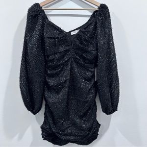NWT ASTR the Label Ruched Long Sleeve Clip Dot Minidress in Black Size Small